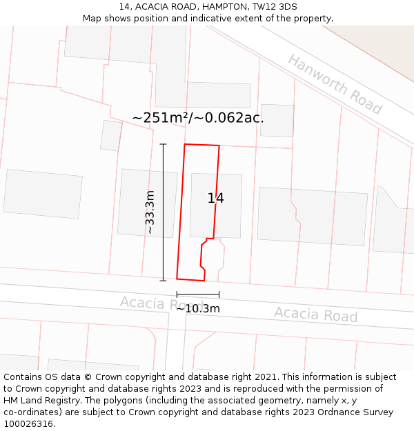 14, ACACIA ROAD, HAMPTON, TW12 3DS: Plot and title map