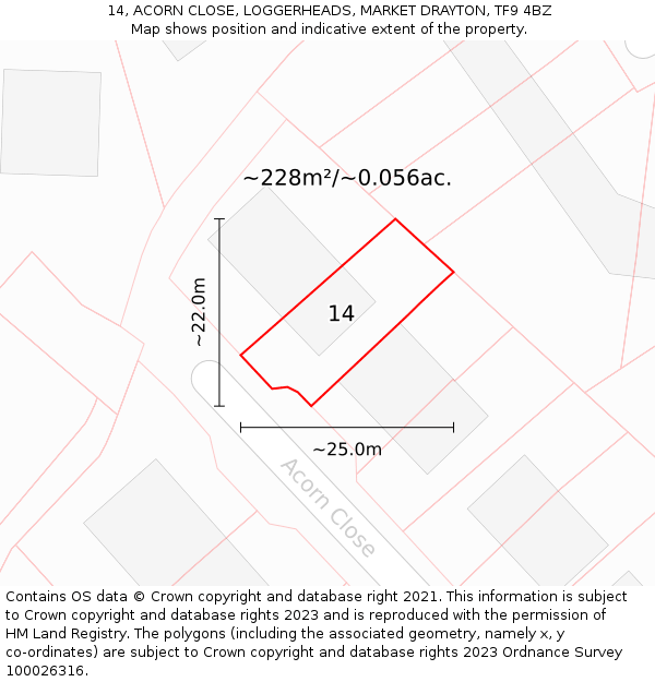 14, ACORN CLOSE, LOGGERHEADS, MARKET DRAYTON, TF9 4BZ: Plot and title map