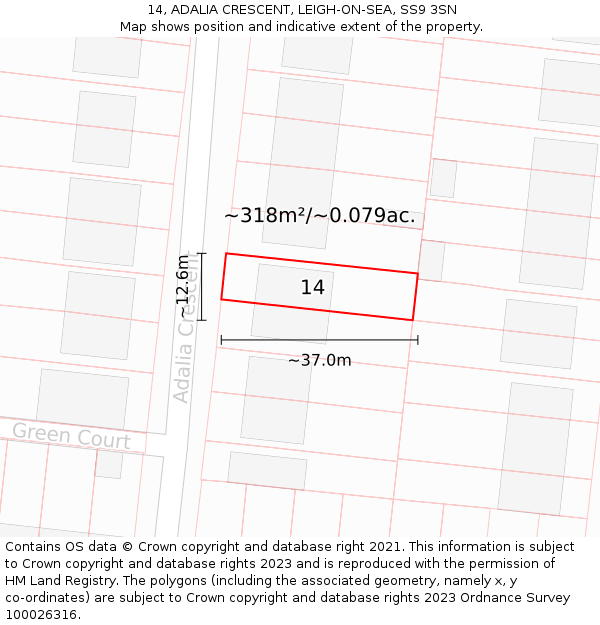 14, ADALIA CRESCENT, LEIGH-ON-SEA, SS9 3SN: Plot and title map