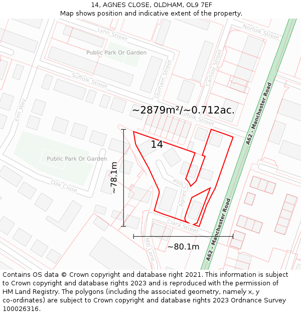14, AGNES CLOSE, OLDHAM, OL9 7EF: Plot and title map
