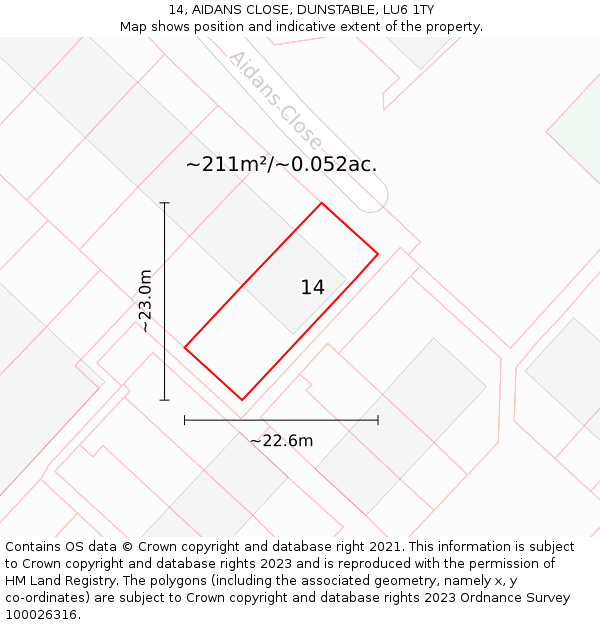 14, AIDANS CLOSE, DUNSTABLE, LU6 1TY: Plot and title map