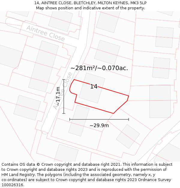 14, AINTREE CLOSE, BLETCHLEY, MILTON KEYNES, MK3 5LP: Plot and title map