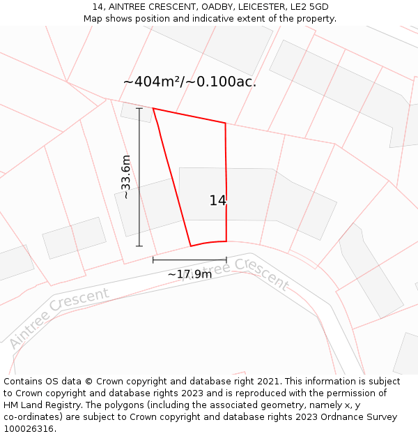14, AINTREE CRESCENT, OADBY, LEICESTER, LE2 5GD: Plot and title map