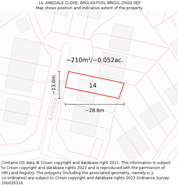 14, AIREDALE CLOSE, BROUGHTON, BRIGG, DN20 0EP: Plot and title map