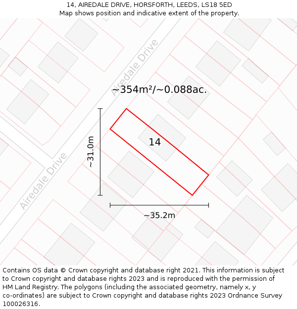 14, AIREDALE DRIVE, HORSFORTH, LEEDS, LS18 5ED: Plot and title map