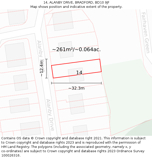 14, ALANBY DRIVE, BRADFORD, BD10 9JF: Plot and title map