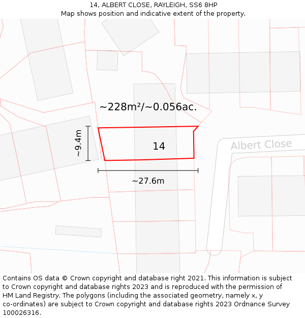14, ALBERT CLOSE, RAYLEIGH, SS6 8HP: Plot and title map