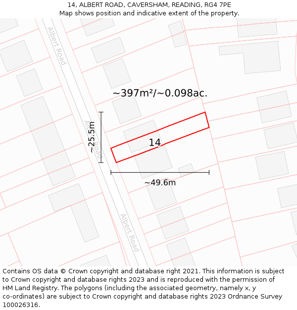 14, ALBERT ROAD, CAVERSHAM, READING, RG4 7PE: Plot and title map