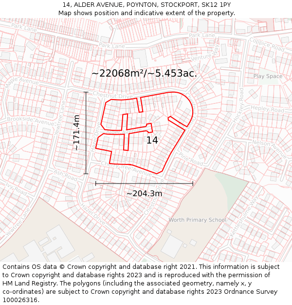 14, ALDER AVENUE, POYNTON, STOCKPORT, SK12 1PY: Plot and title map