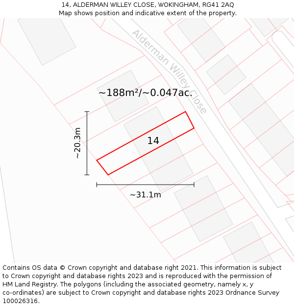 14, ALDERMAN WILLEY CLOSE, WOKINGHAM, RG41 2AQ: Plot and title map