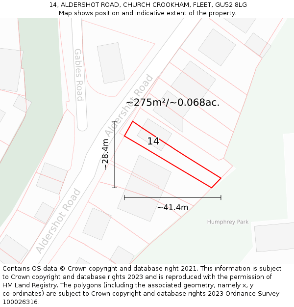 14, ALDERSHOT ROAD, CHURCH CROOKHAM, FLEET, GU52 8LG: Plot and title map