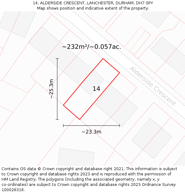 14, ALDERSIDE CRESCENT, LANCHESTER, DURHAM, DH7 0PY: Plot and title map