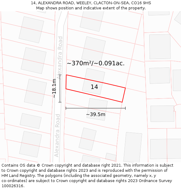 14, ALEXANDRA ROAD, WEELEY, CLACTON-ON-SEA, CO16 9HS: Plot and title map