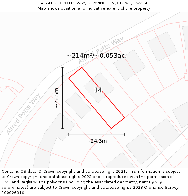 14, ALFRED POTTS WAY, SHAVINGTON, CREWE, CW2 5EF: Plot and title map
