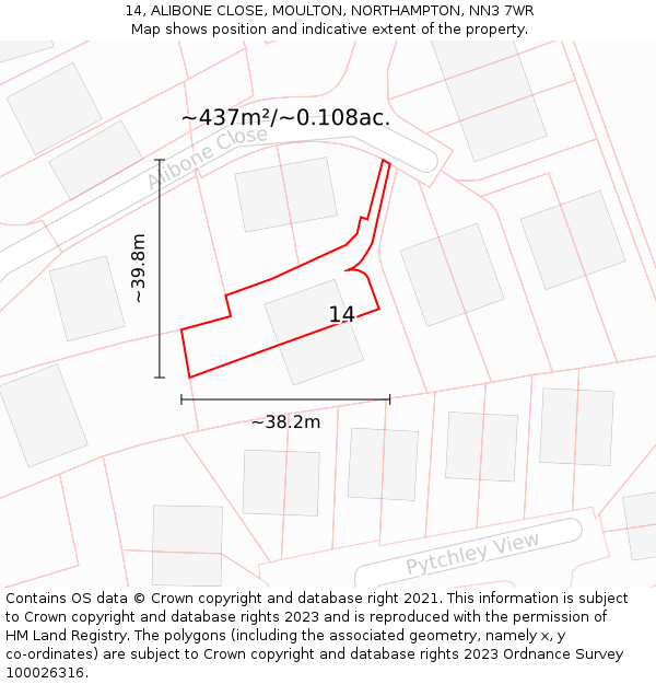 14, ALIBONE CLOSE, MOULTON, NORTHAMPTON, NN3 7WR: Plot and title map