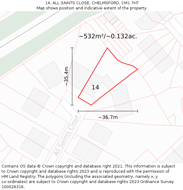 14, ALL SAINTS CLOSE, CHELMSFORD, CM1 7HT: Plot and title map
