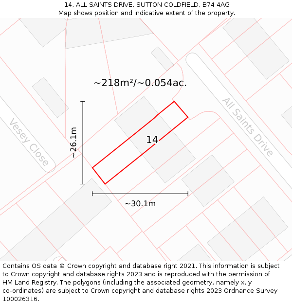 14, ALL SAINTS DRIVE, SUTTON COLDFIELD, B74 4AG: Plot and title map