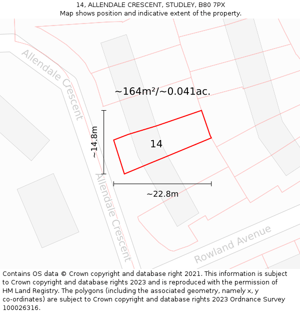 14, ALLENDALE CRESCENT, STUDLEY, B80 7PX: Plot and title map