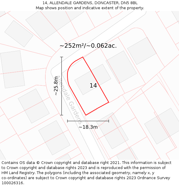 14, ALLENDALE GARDENS, DONCASTER, DN5 8BL: Plot and title map