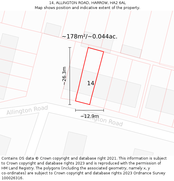 14, ALLINGTON ROAD, HARROW, HA2 6AL: Plot and title map