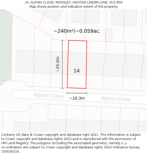 14, ALPHIN CLOSE, MOSSLEY, ASHTON-UNDER-LYNE, OL5 9DX: Plot and title map