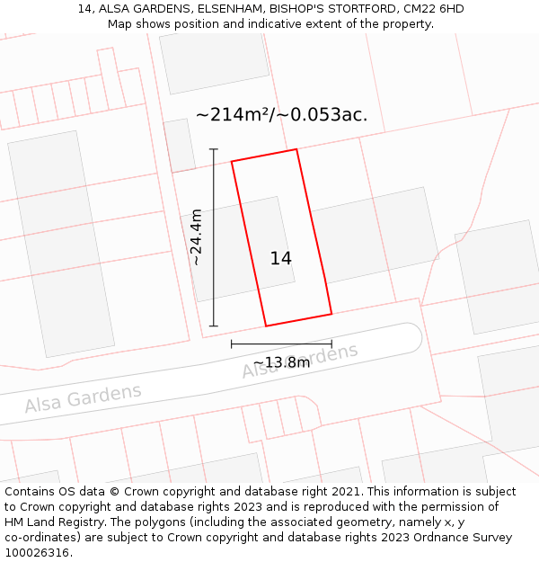 14, ALSA GARDENS, ELSENHAM, BISHOP'S STORTFORD, CM22 6HD: Plot and title map