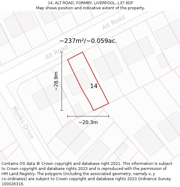 14, ALT ROAD, FORMBY, LIVERPOOL, L37 6DF: Plot and title map