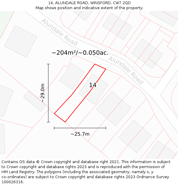 14, ALUNDALE ROAD, WINSFORD, CW7 2QD: Plot and title map