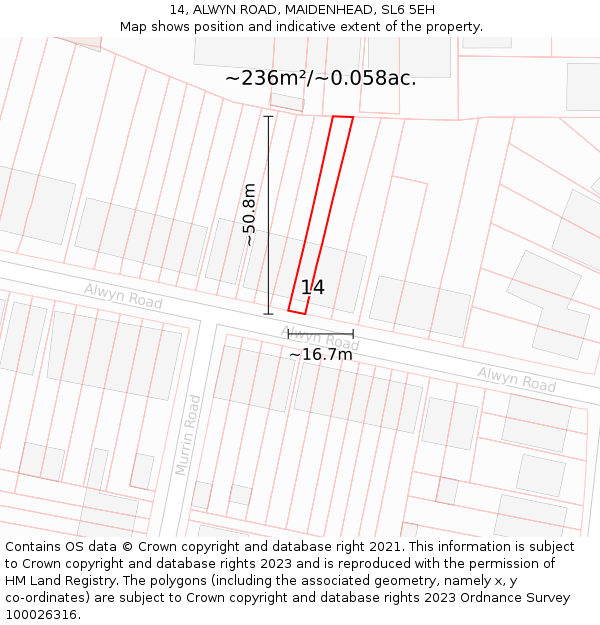 14, ALWYN ROAD, MAIDENHEAD, SL6 5EH: Plot and title map