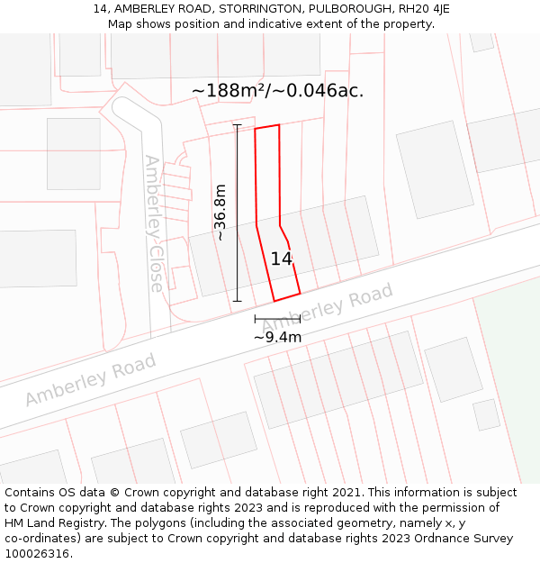 14, AMBERLEY ROAD, STORRINGTON, PULBOROUGH, RH20 4JE: Plot and title map