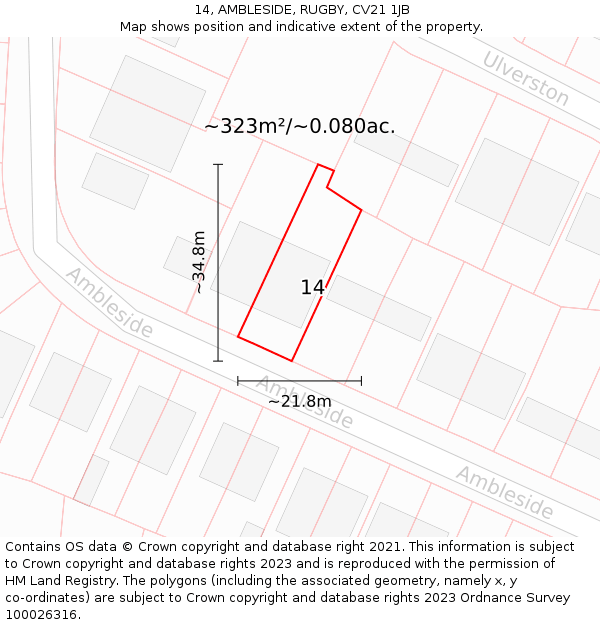 14, AMBLESIDE, RUGBY, CV21 1JB: Plot and title map