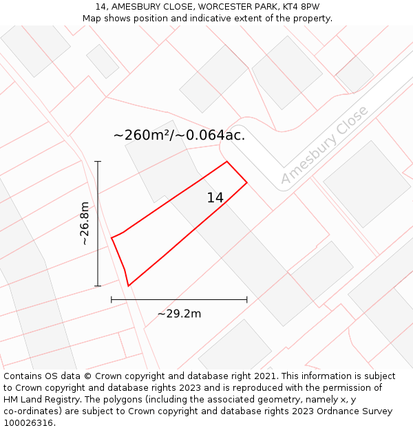 14, AMESBURY CLOSE, WORCESTER PARK, KT4 8PW: Plot and title map