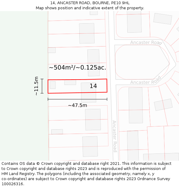 14, ANCASTER ROAD, BOURNE, PE10 9HL: Plot and title map