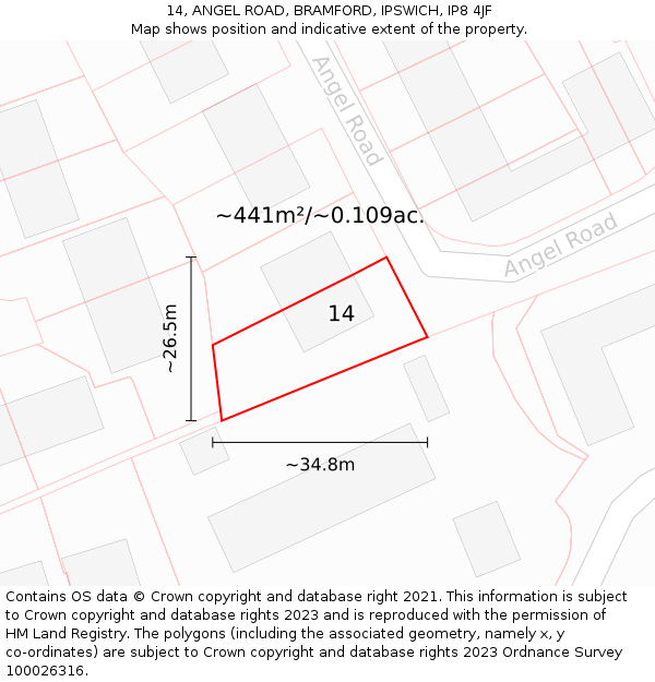 14, ANGEL ROAD, BRAMFORD, IPSWICH, IP8 4JF: Plot and title map