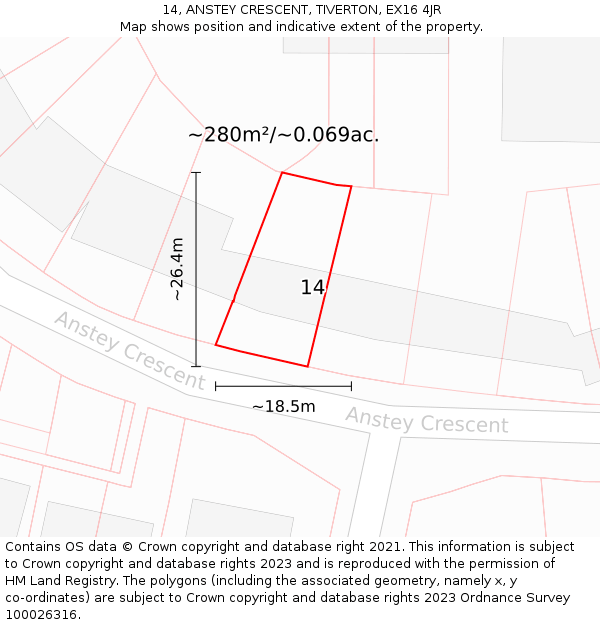14, ANSTEY CRESCENT, TIVERTON, EX16 4JR: Plot and title map