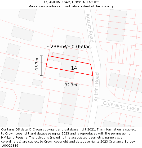 14, ANTRIM ROAD, LINCOLN, LN5 8TF: Plot and title map
