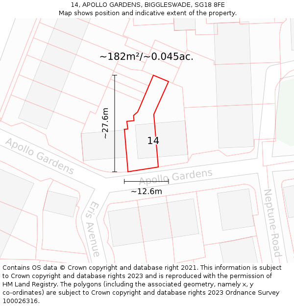 14, APOLLO GARDENS, BIGGLESWADE, SG18 8FE: Plot and title map