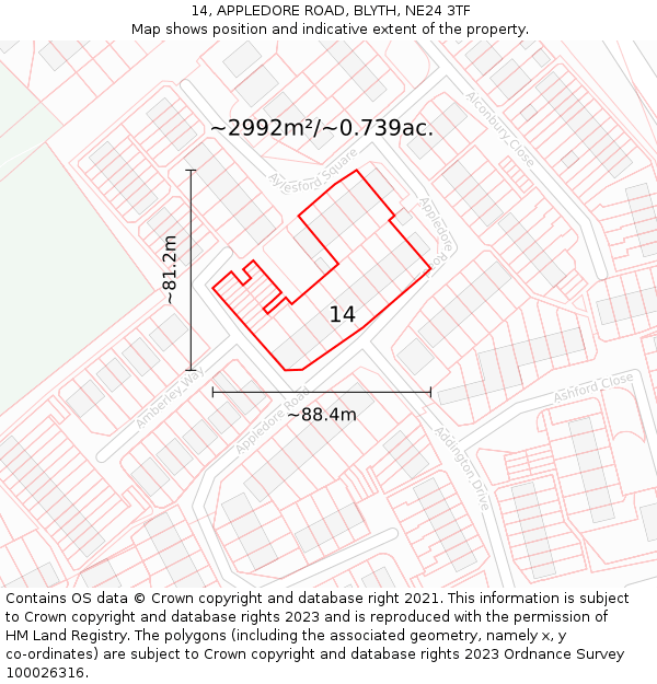 14, APPLEDORE ROAD, BLYTH, NE24 3TF: Plot and title map