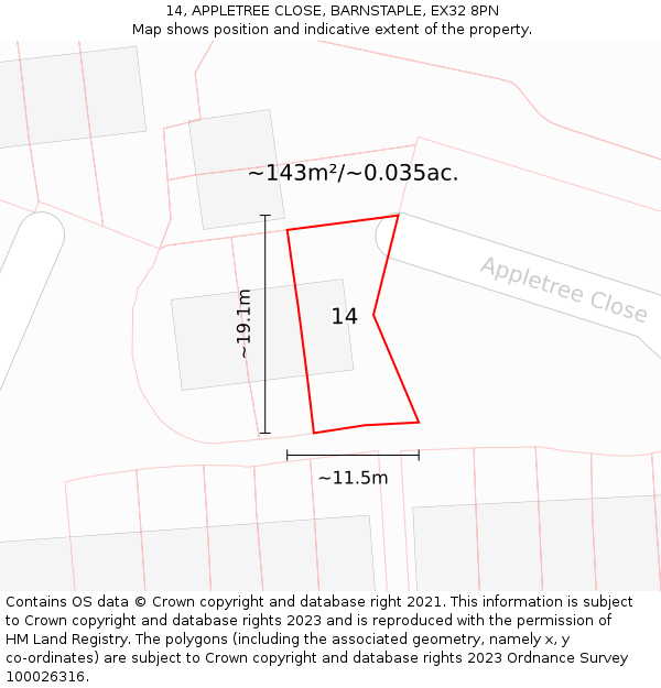 14, APPLETREE CLOSE, BARNSTAPLE, EX32 8PN: Plot and title map