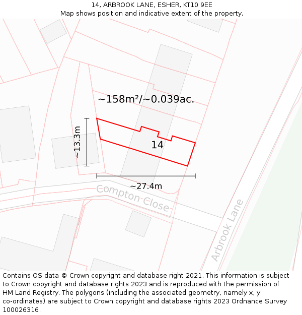 14, ARBROOK LANE, ESHER, KT10 9EE: Plot and title map
