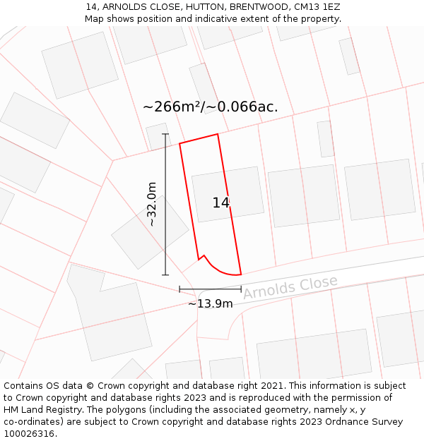 14, ARNOLDS CLOSE, HUTTON, BRENTWOOD, CM13 1EZ: Plot and title map