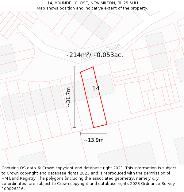 14, ARUNDEL CLOSE, NEW MILTON, BH25 5UH: Plot and title map