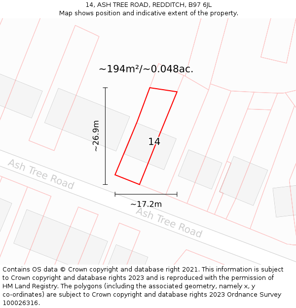 14, ASH TREE ROAD, REDDITCH, B97 6JL: Plot and title map