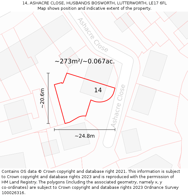 14, ASHACRE CLOSE, HUSBANDS BOSWORTH, LUTTERWORTH, LE17 6FL: Plot and title map