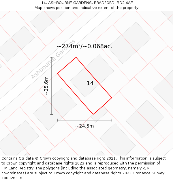 14, ASHBOURNE GARDENS, BRADFORD, BD2 4AE: Plot and title map
