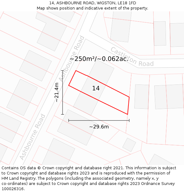 14, ASHBOURNE ROAD, WIGSTON, LE18 1FD: Plot and title map