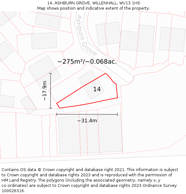 14, ASHBURN GROVE, WILLENHALL, WV13 1HS: Plot and title map
