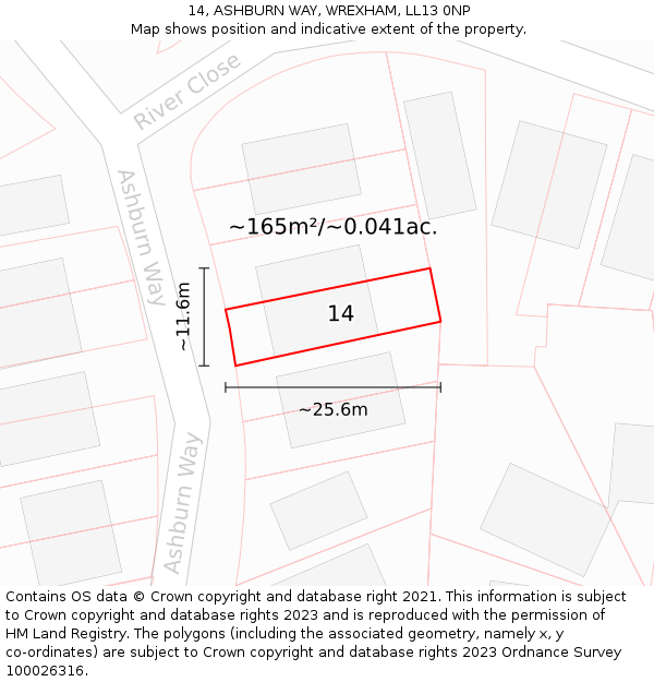 14, ASHBURN WAY, WREXHAM, LL13 0NP: Plot and title map