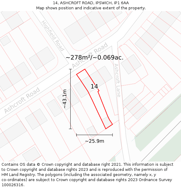 14, ASHCROFT ROAD, IPSWICH, IP1 6AA: Plot and title map