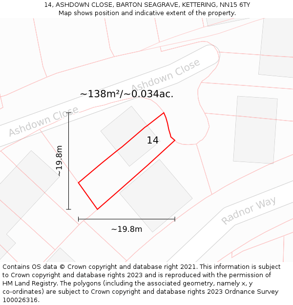 14, ASHDOWN CLOSE, BARTON SEAGRAVE, KETTERING, NN15 6TY: Plot and title map